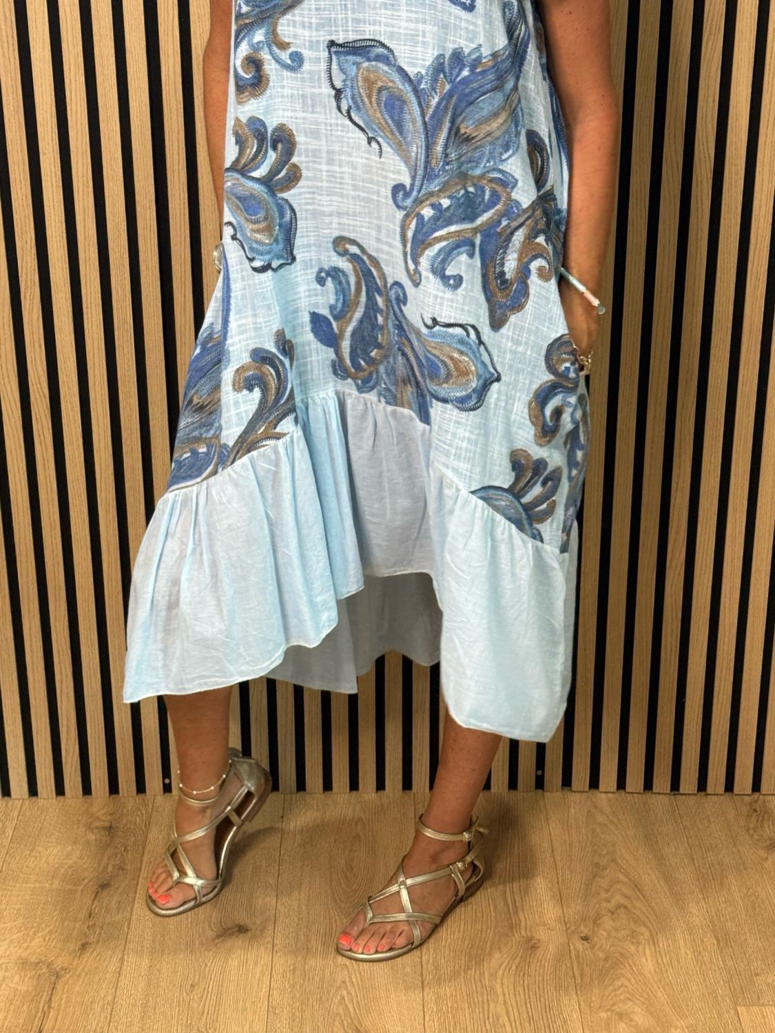 Paisley Print Cotton Frill Hem Dress - Blue