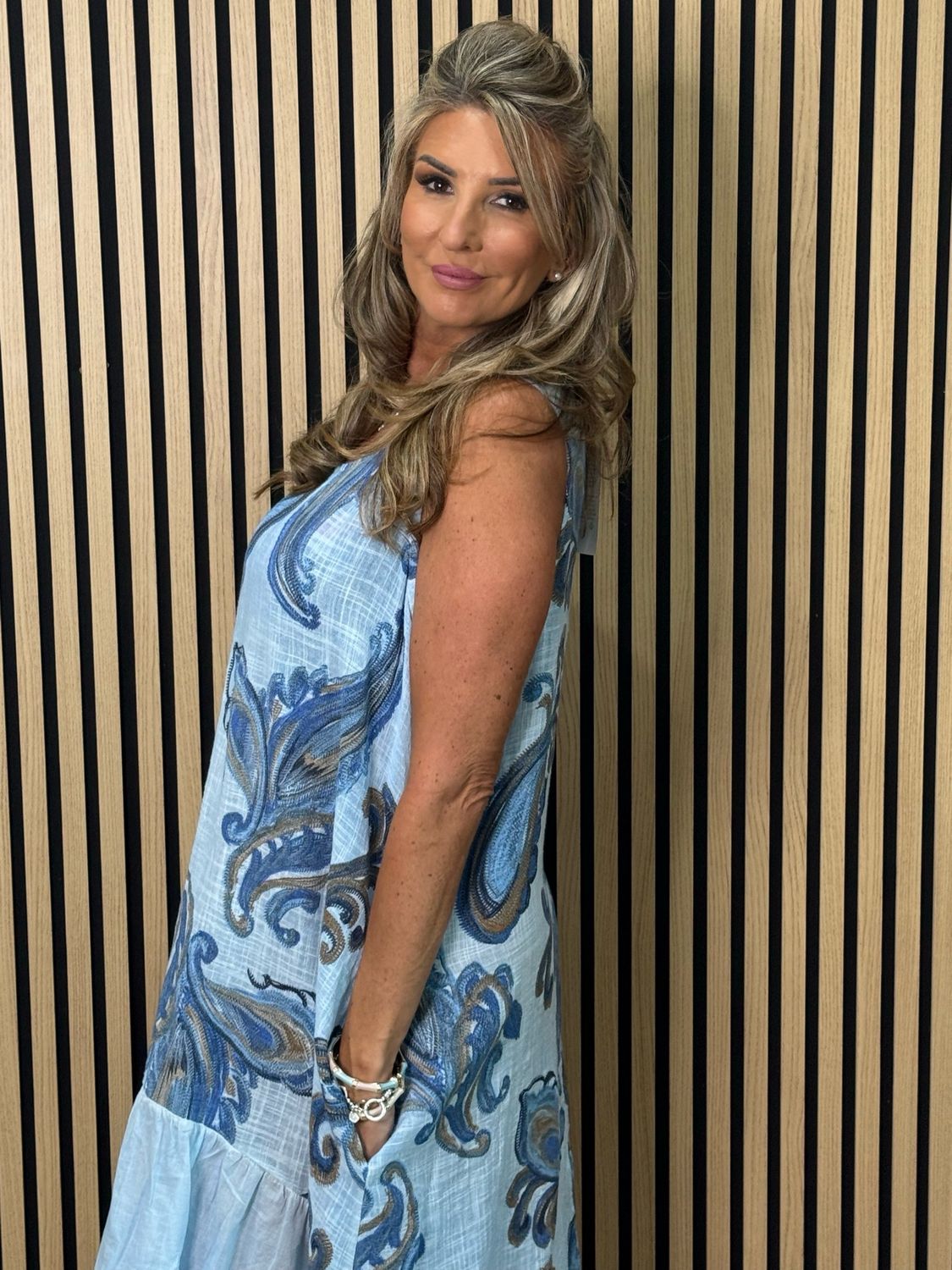 Paisley Print Cotton Frill Hem Dress - Blue