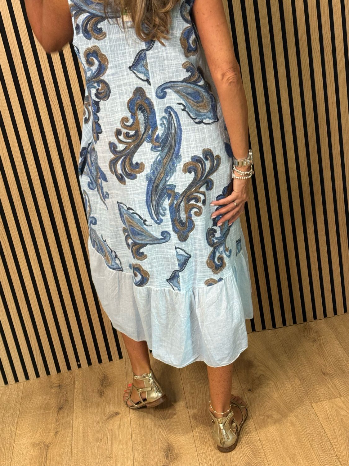 Paisley Print Cotton Frill Hem Dress - Blue