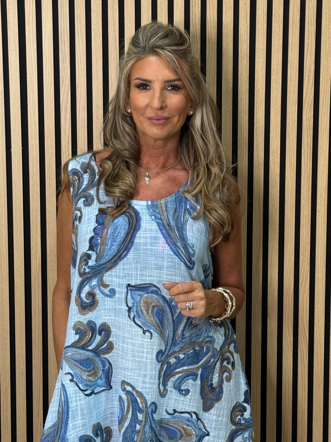 Paisley Print Cotton Frill Hem Dress - Blue