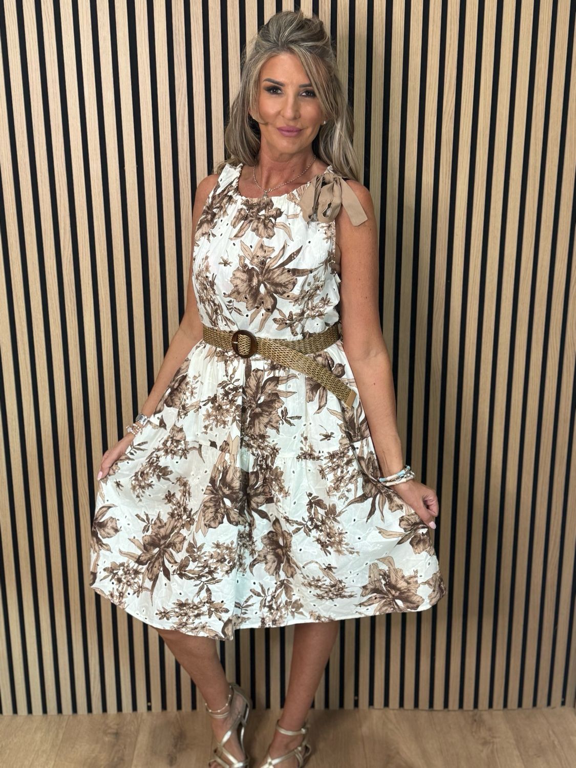 Floral Tie Shoulder Cotton Dress - White/Brown