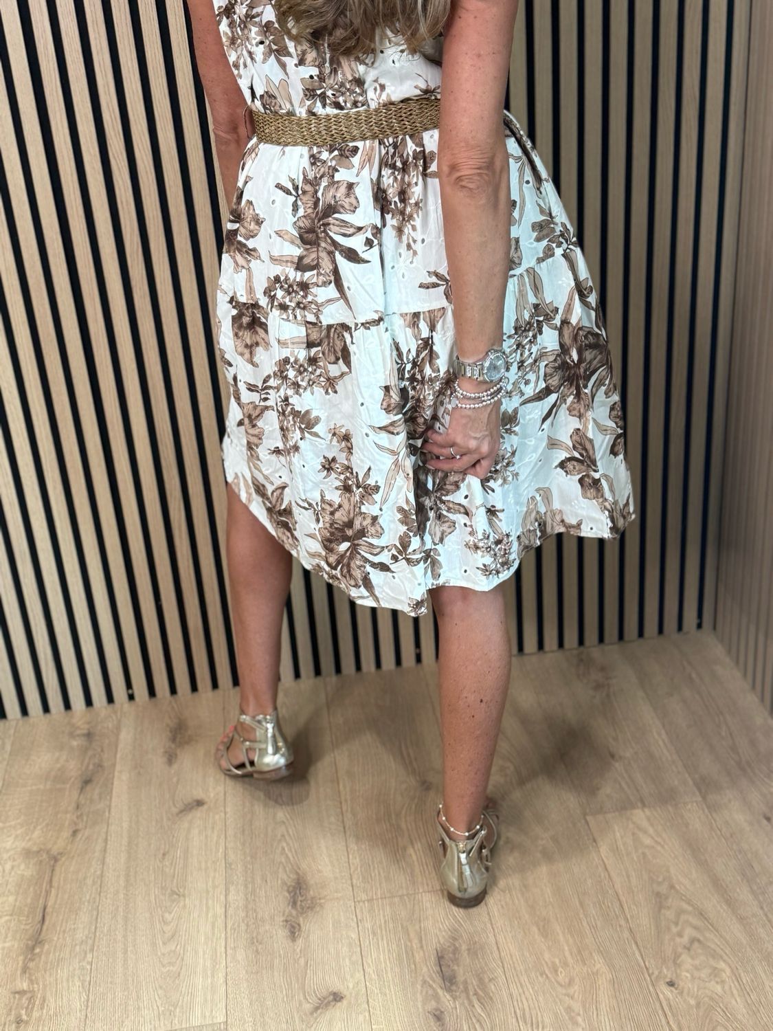 Floral Tie Shoulder Cotton Dress - White/Brown