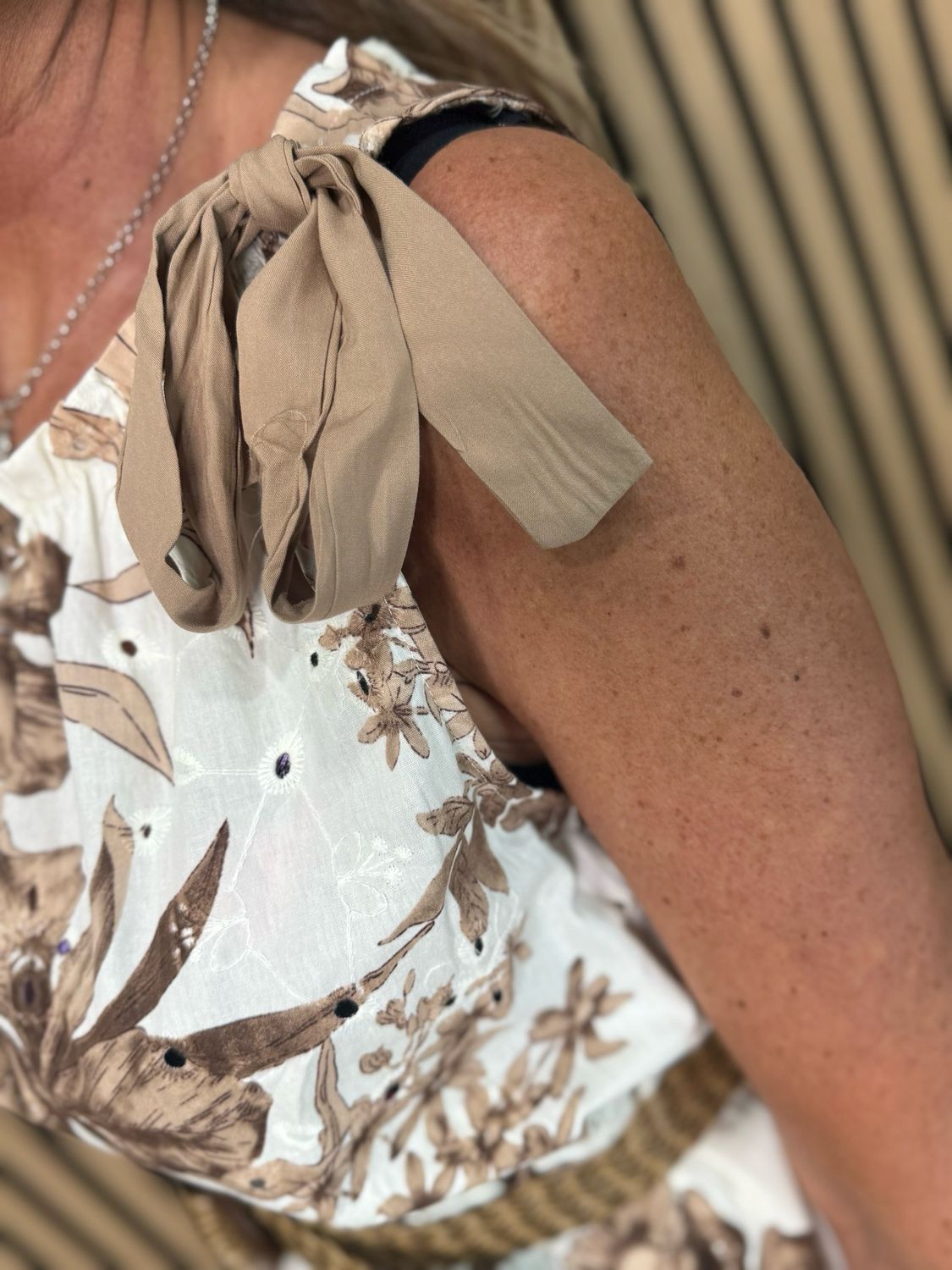 Floral Tie Shoulder Cotton Dress - White/Brown
