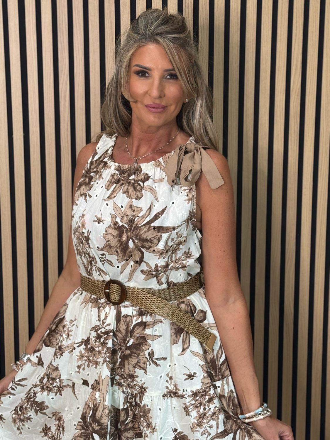Floral Tie Shoulder Cotton Dress - White/Brown