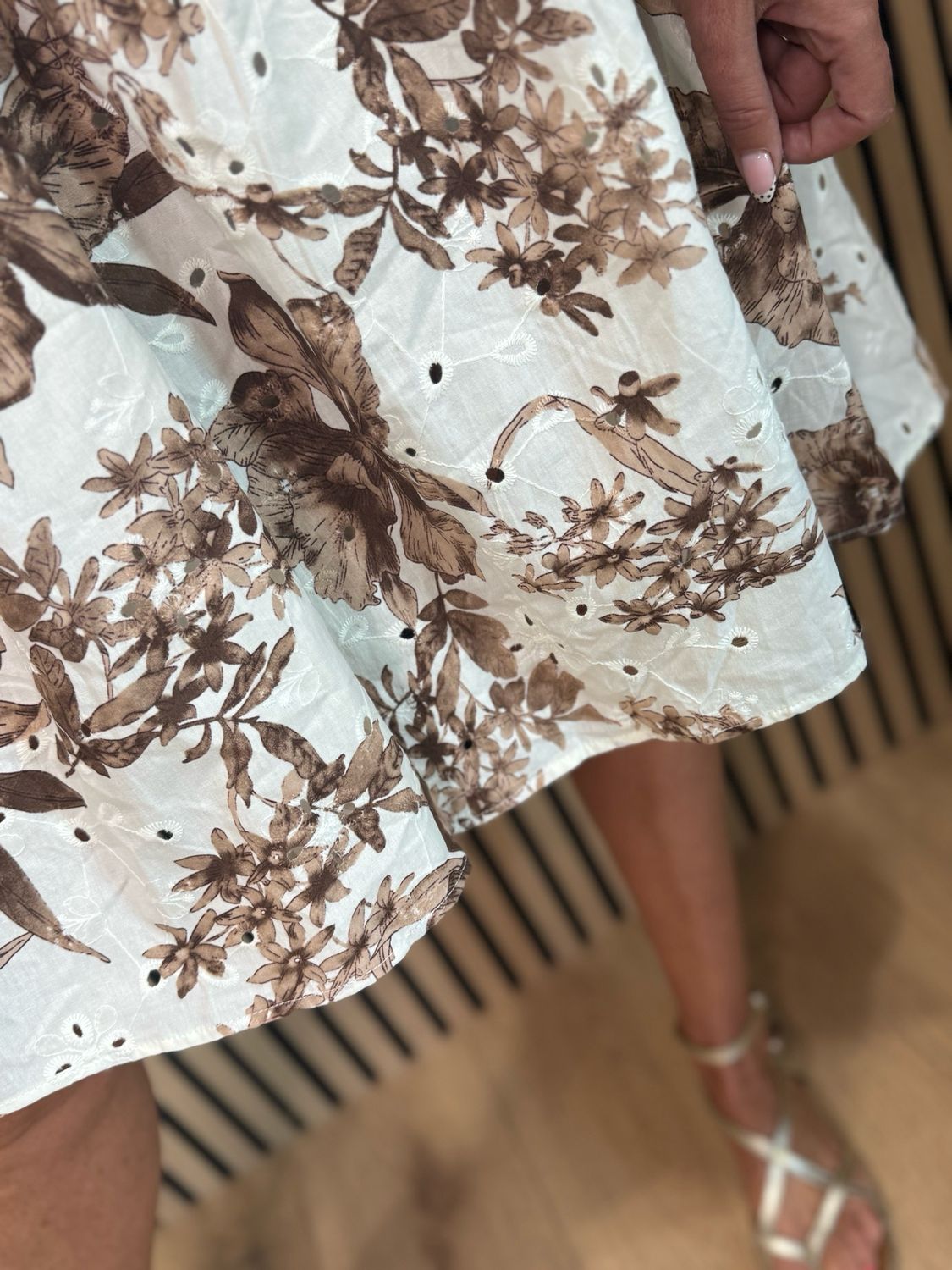 Floral Tie Shoulder Cotton Dress - White/Brown
