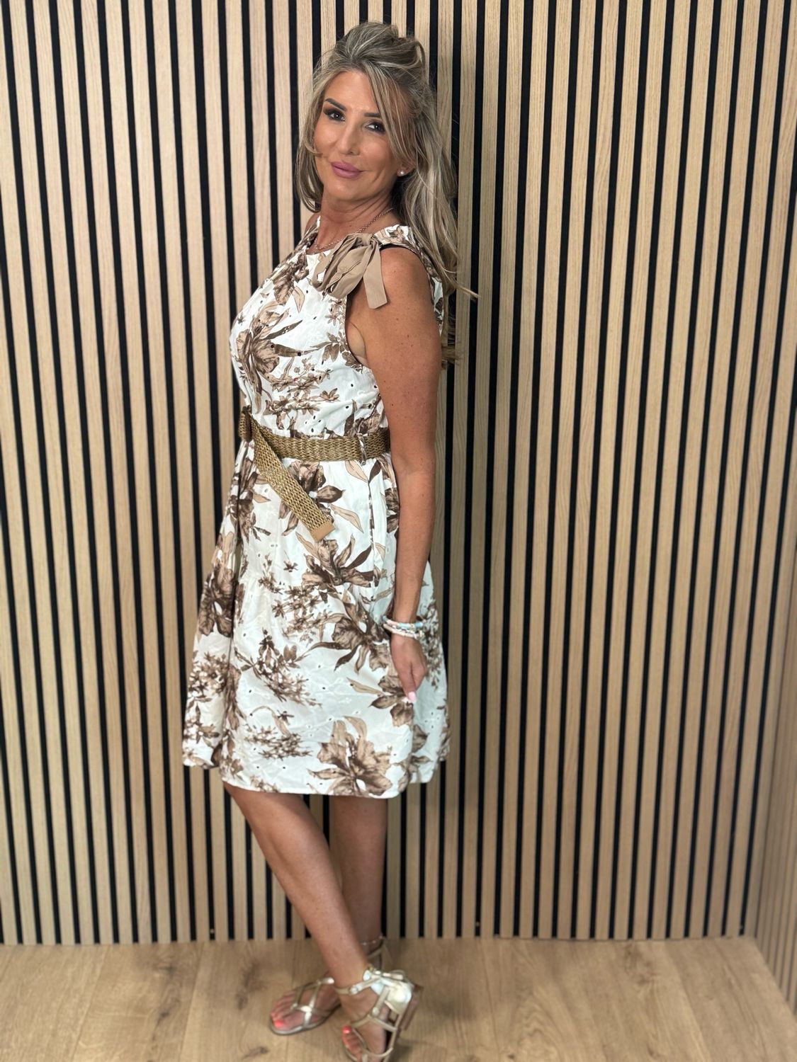 Floral Tie Shoulder Cotton Dress - White/Brown