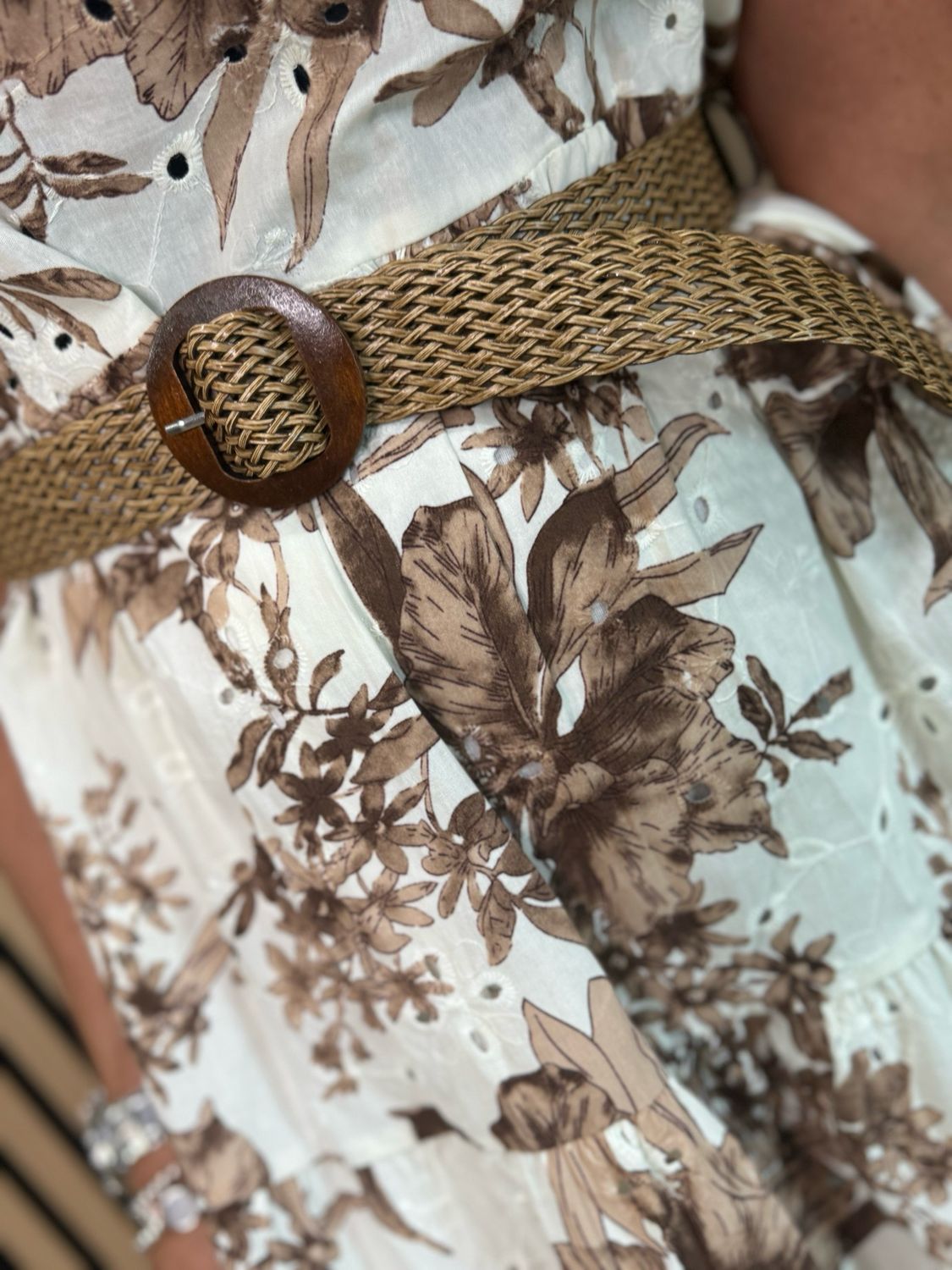 Floral Tie Shoulder Cotton Dress - White/Brown