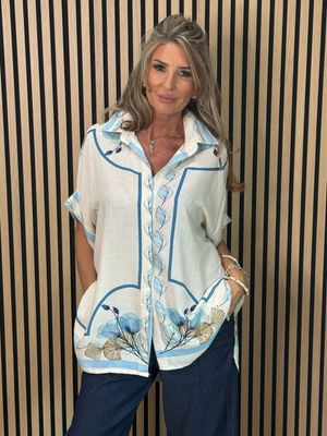 Printer Oversized Linen Blend Shirt - Cream/Blue