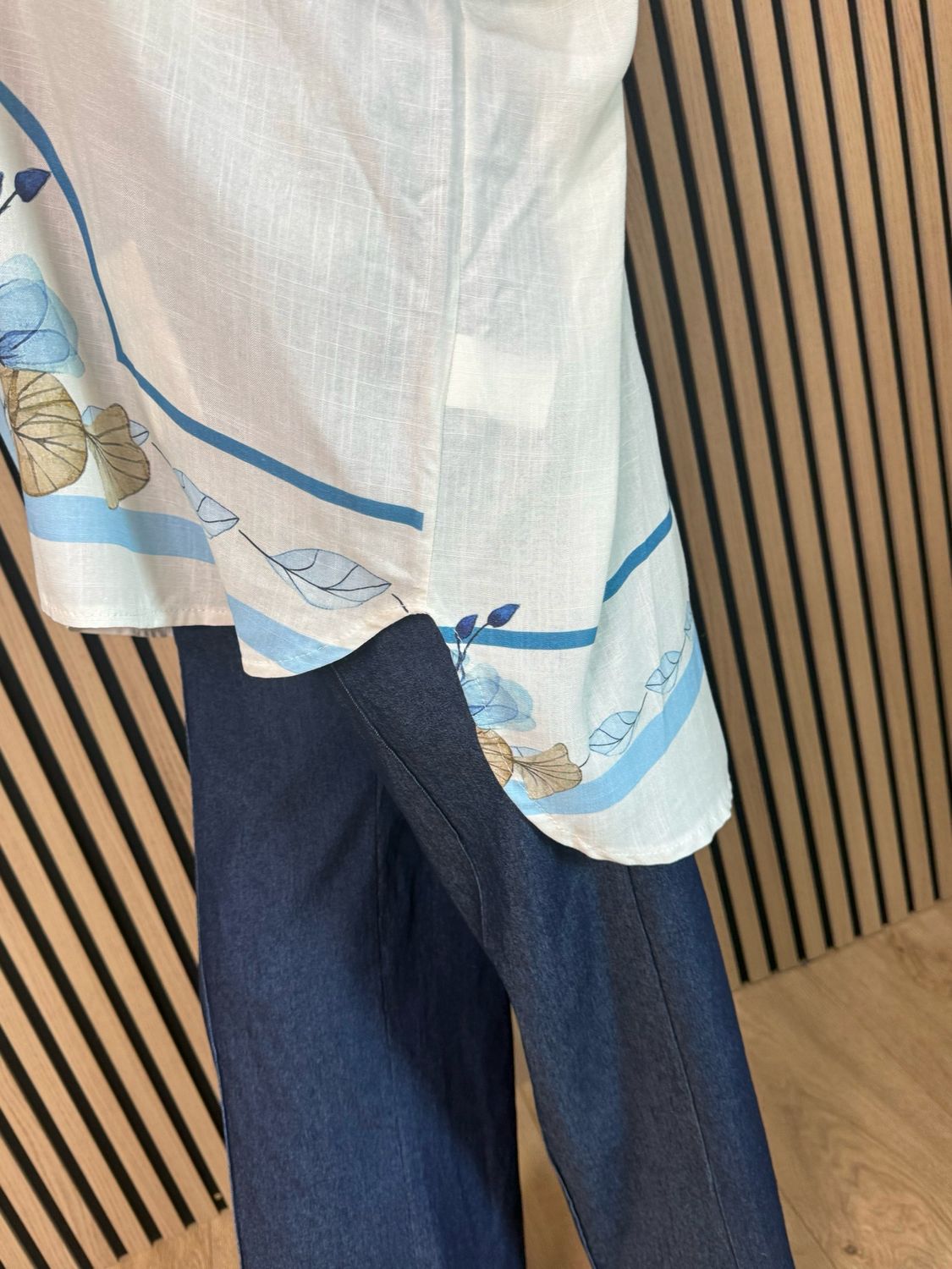 Printer Oversized Linen Blend Shirt - Cream/Blue