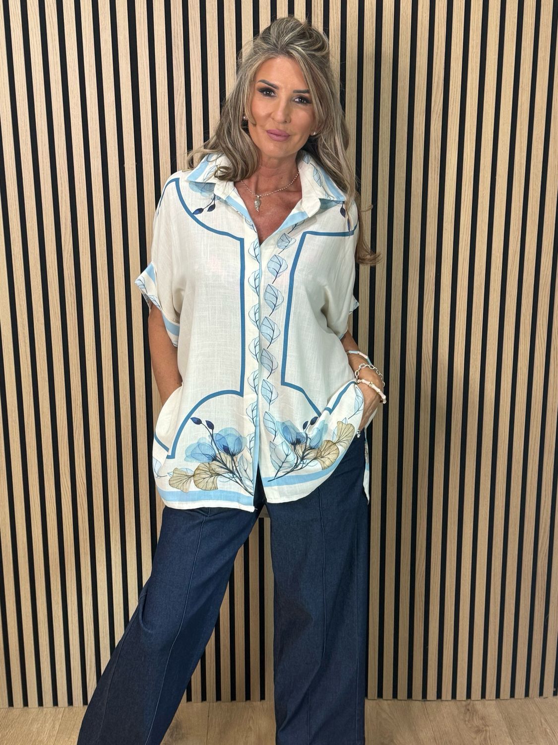 Printer Oversized Linen Blend Shirt - Cream/Blue