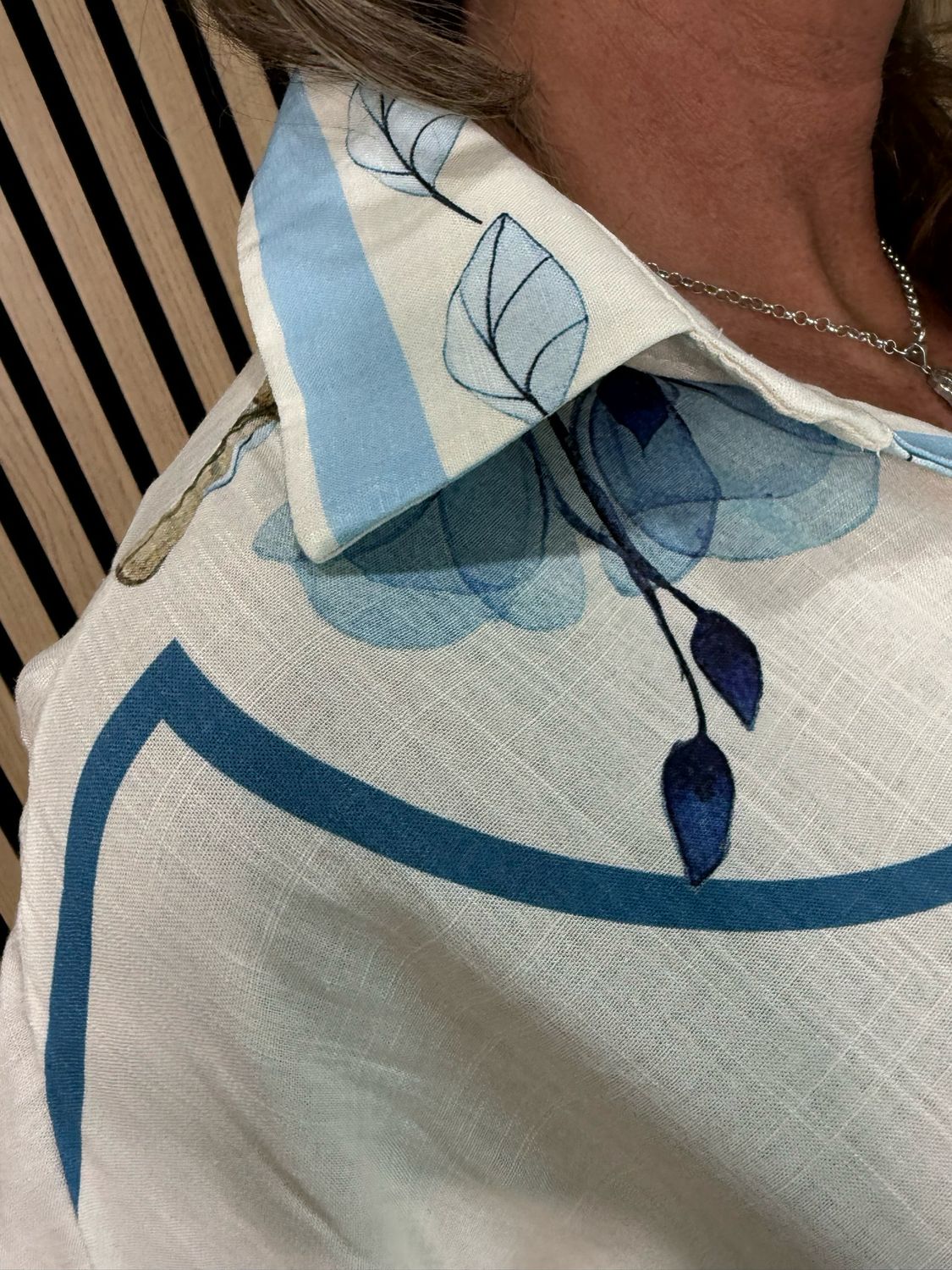 Printer Oversized Linen Blend Shirt - Cream/Blue
