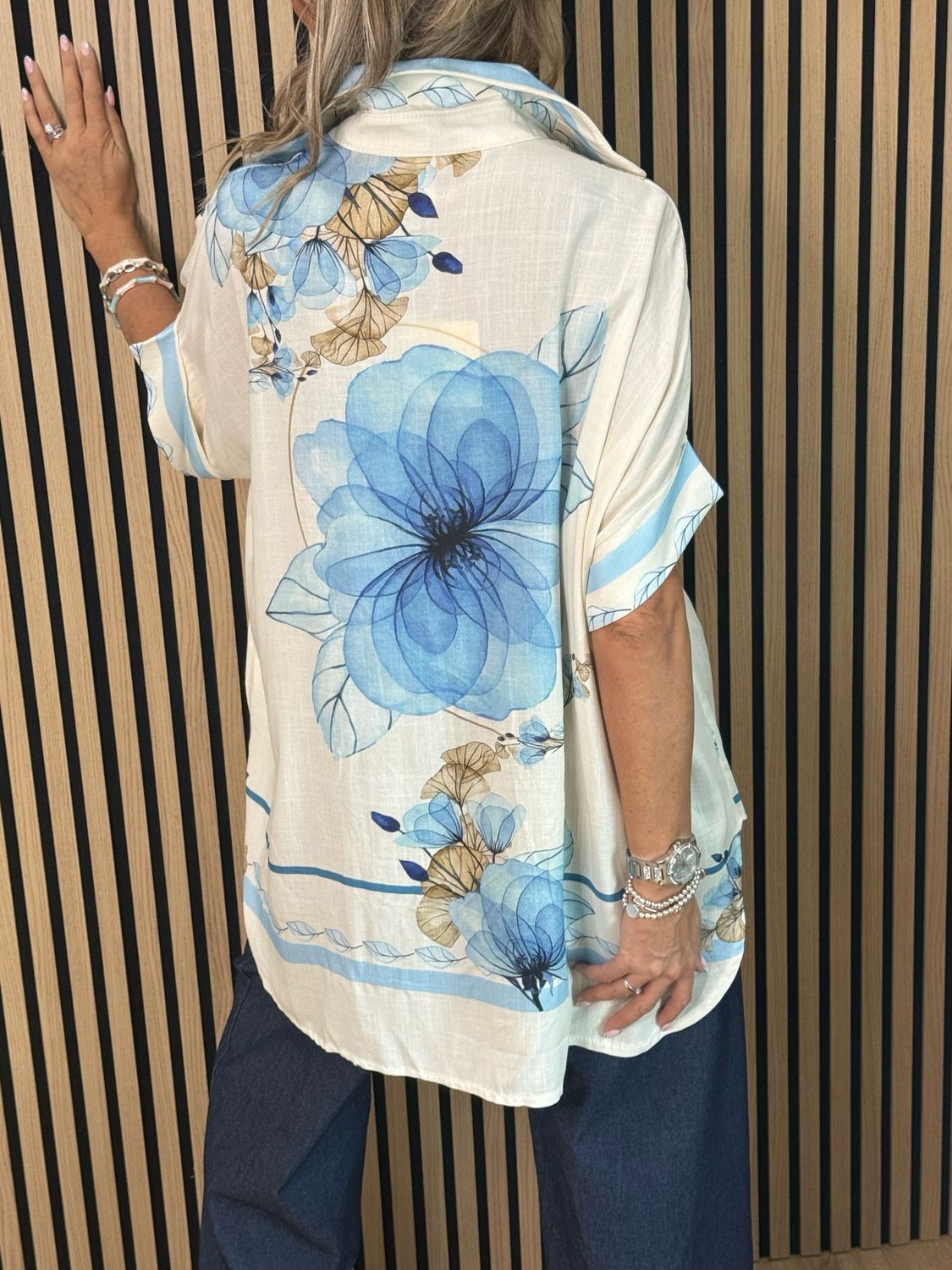 Printer Oversized Linen Blend Shirt - Cream/Blue