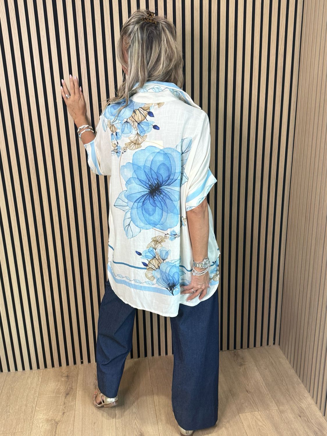 Printer Oversized Linen Blend Shirt - Cream/Blue
