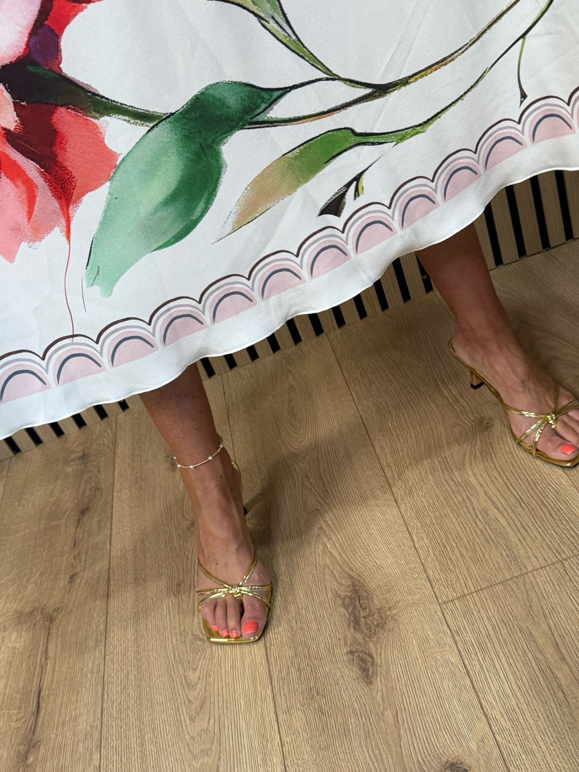 Floral Satin Slip Dress - Cream/Red