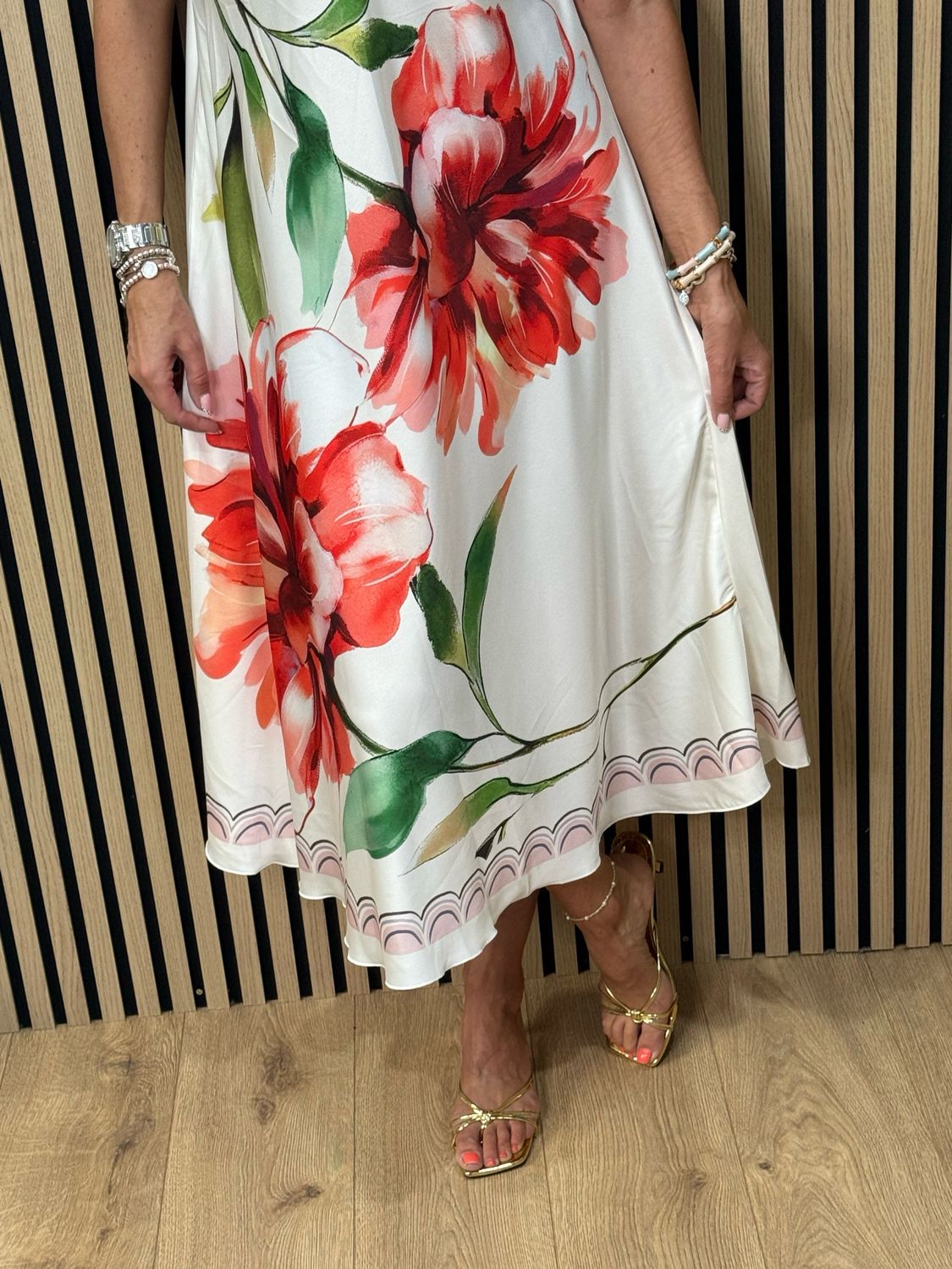 Floral Satin Slip Dress - Cream/Red