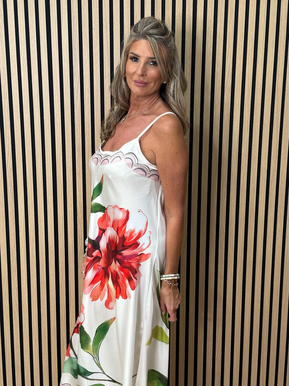 Floral Satin Slip Dress - Cream/Red