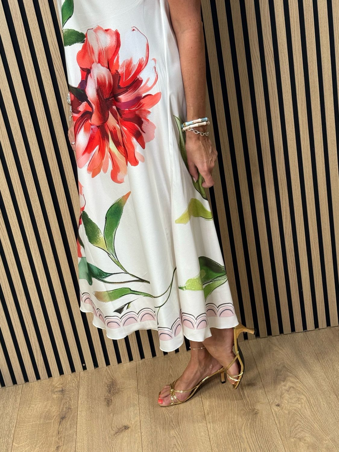 Floral Satin Slip Dress - Cream/Red