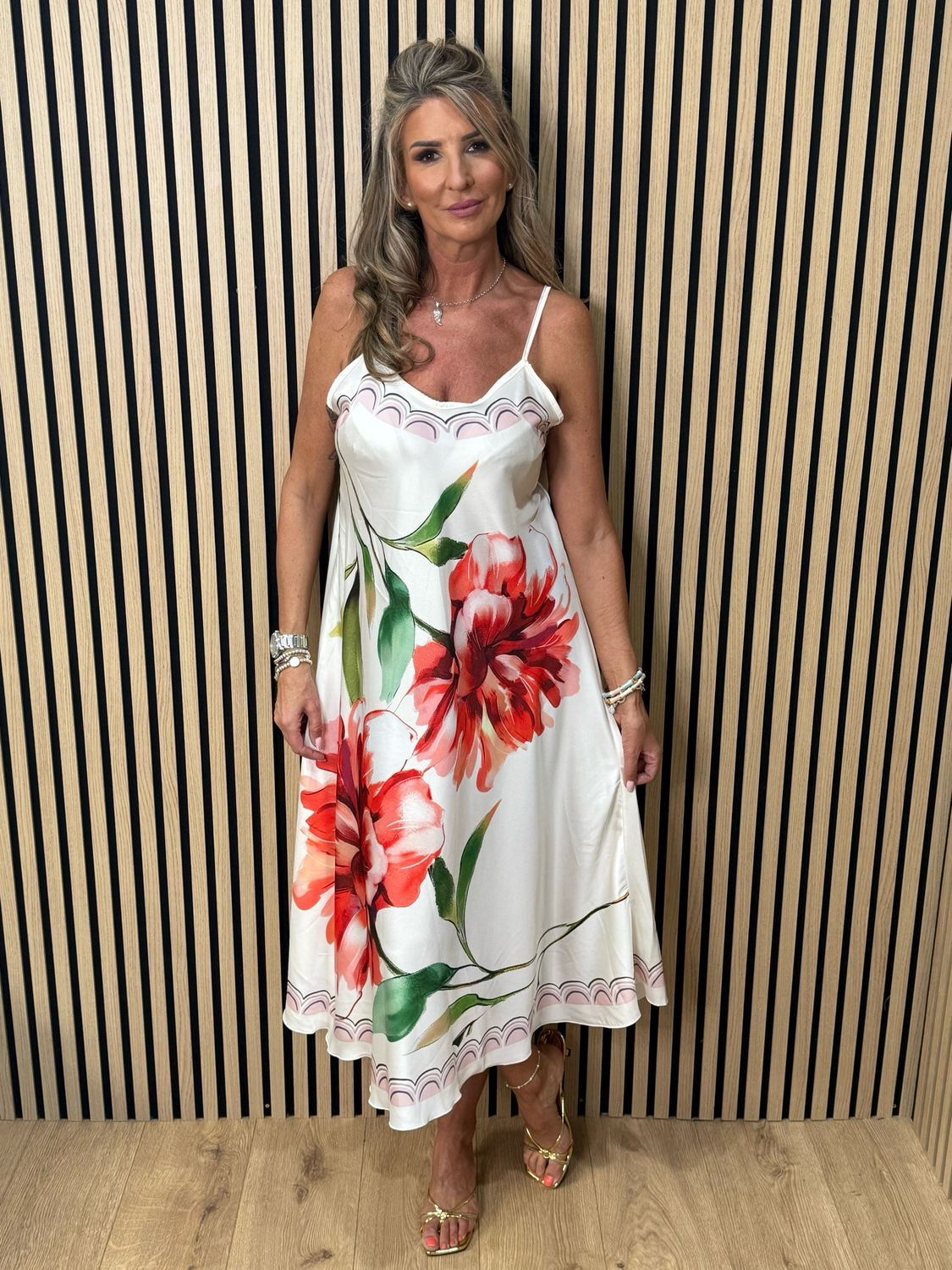 Floral Satin Slip Dress - Cream/Red