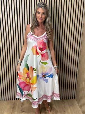 Floral Satin Slip Dress - Cream/Pink/Violet