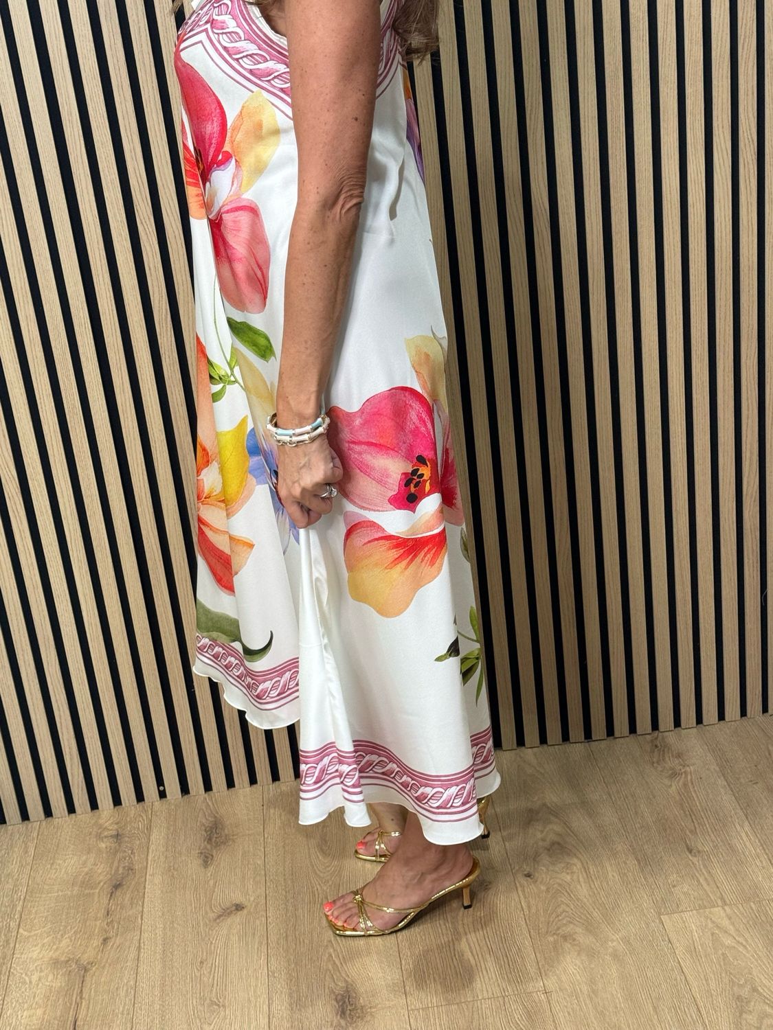 Floral Satin Slip Dress - Cream/Pink/Violet