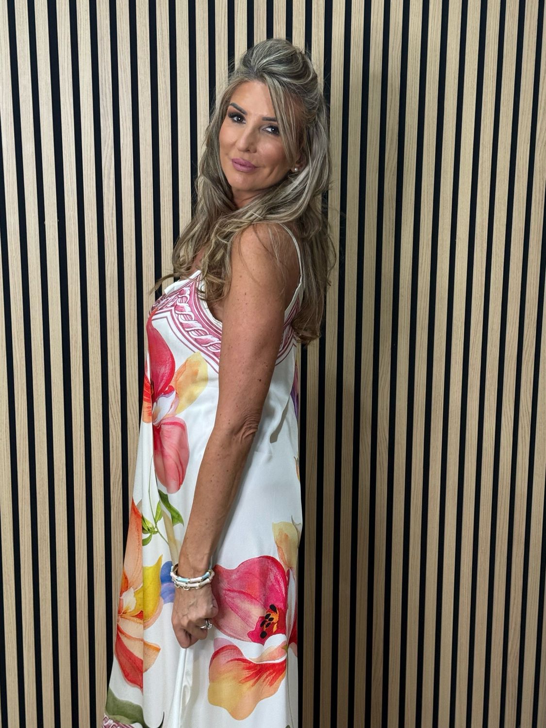 Floral Satin Slip Dress - Cream/Pink/Violet