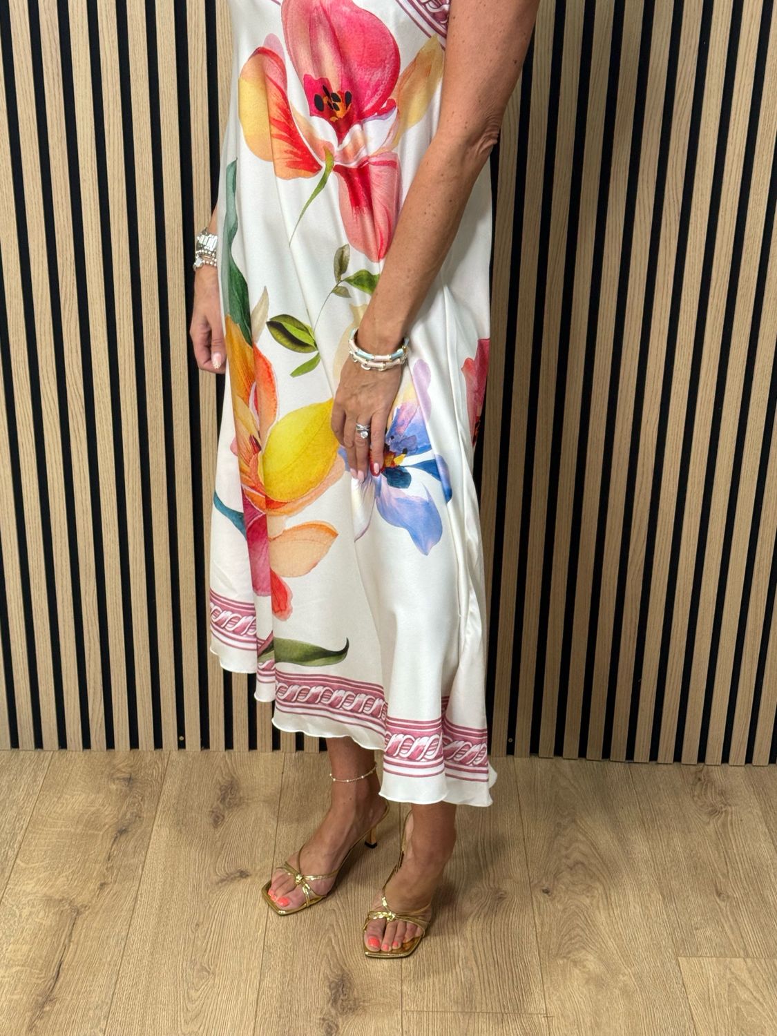 Floral Satin Slip Dress - Cream/Pink/Violet