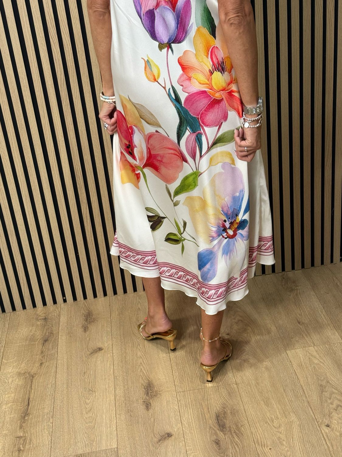 Floral Satin Slip Dress - Cream/Pink/Violet
