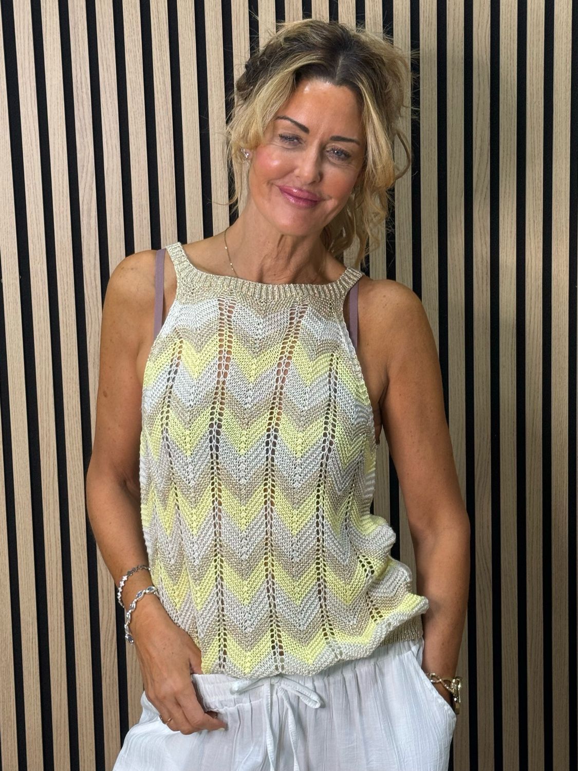 Chevron Knit Sleeveless Top - Taupe/Gold/Yellow