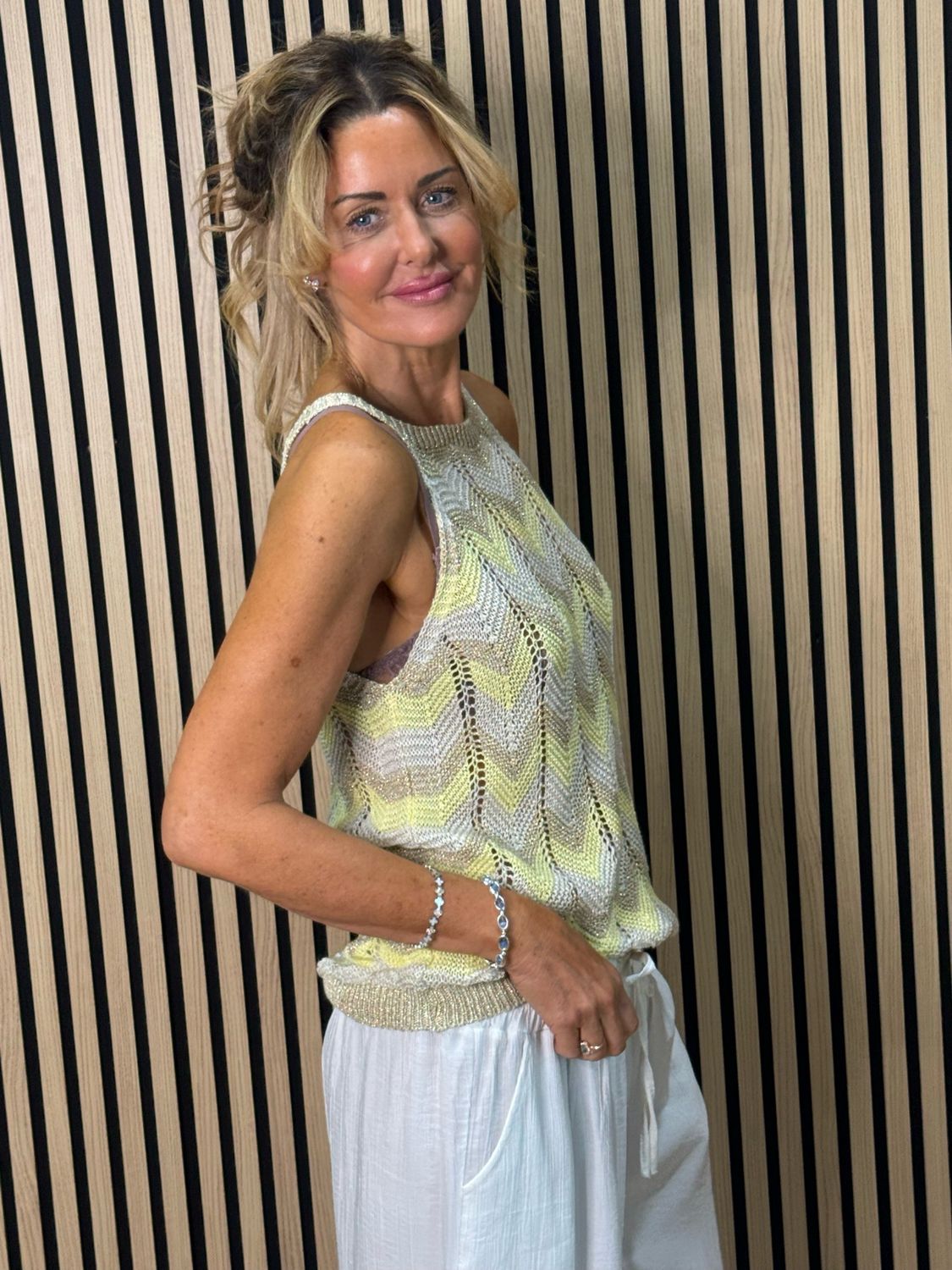 Chevron Knit Sleeveless Top - Taupe/Gold/Yellow