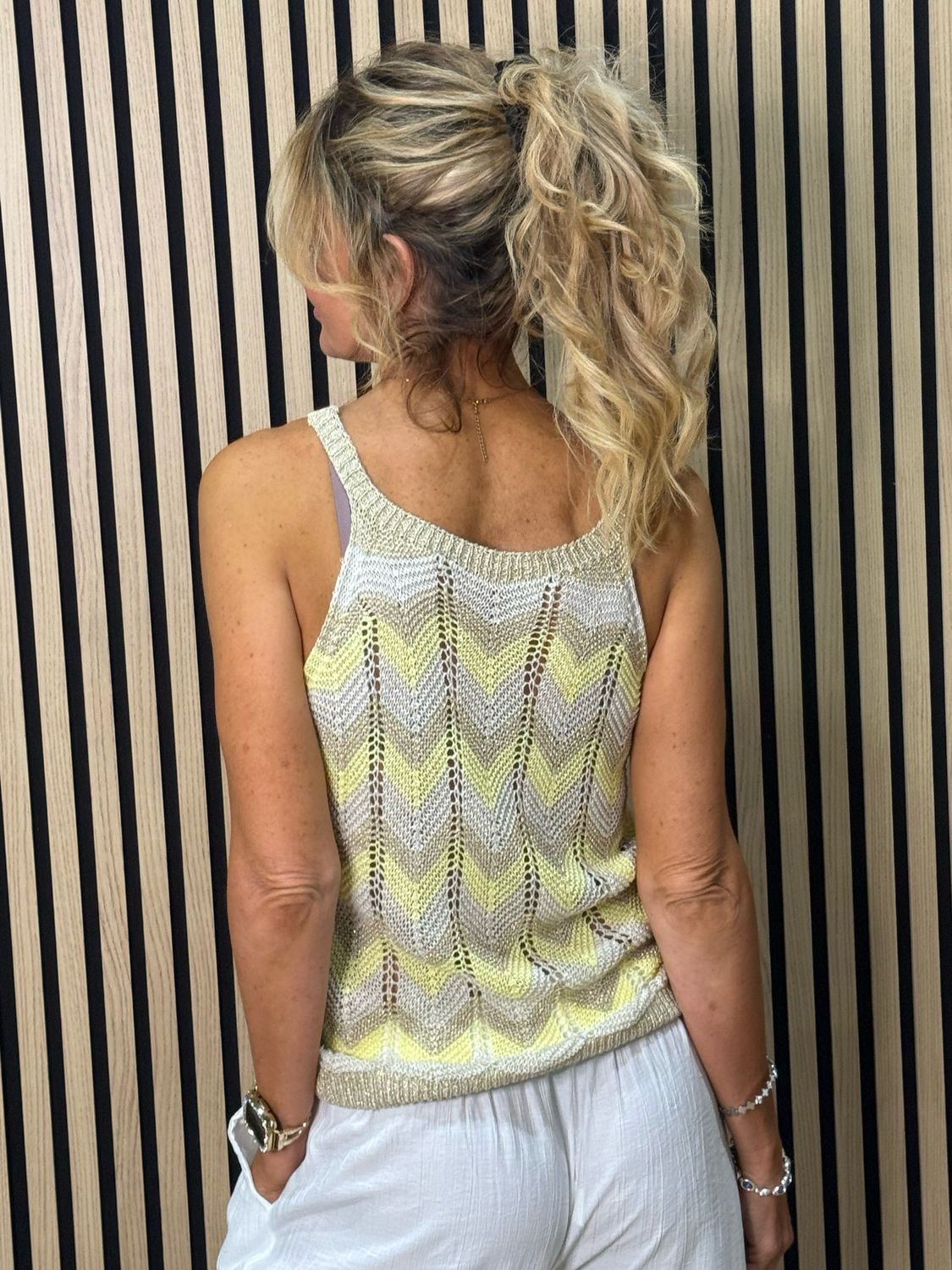 Chevron Knit Sleeveless Top - Taupe/Gold/Yellow
