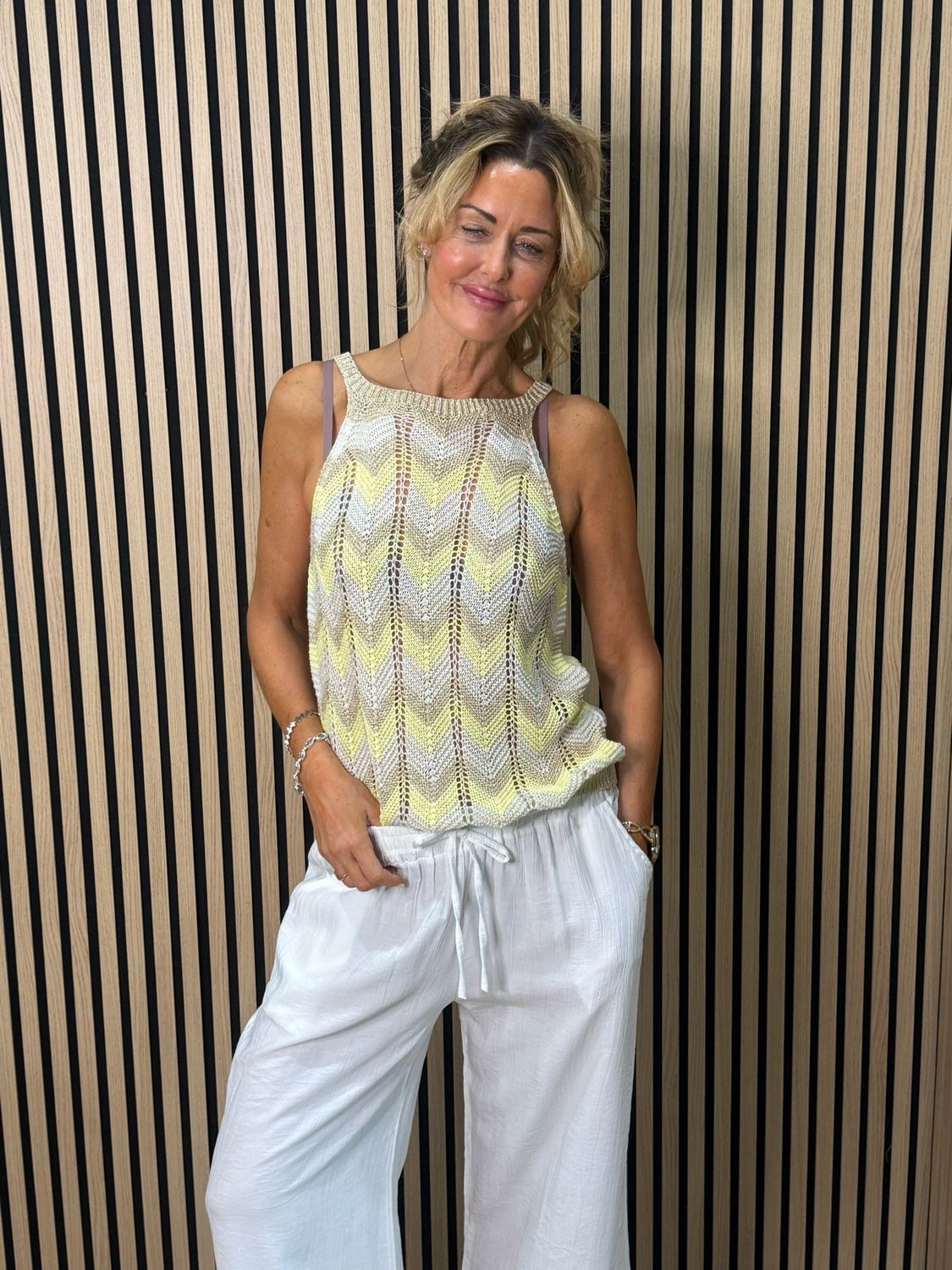 Chevron Knit Sleeveless Top - Taupe/Gold/Yellow