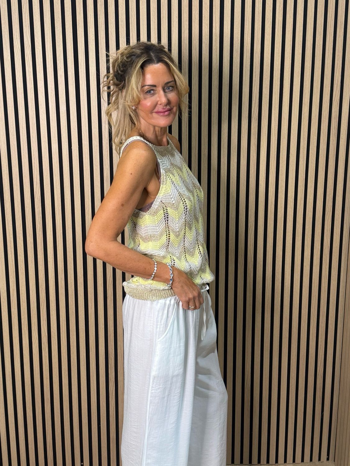 Chevron Knit Sleeveless Top - Taupe/Gold/Yellow