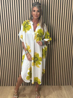Floral Oversized V-Neck Midi Dress - White/Mustard