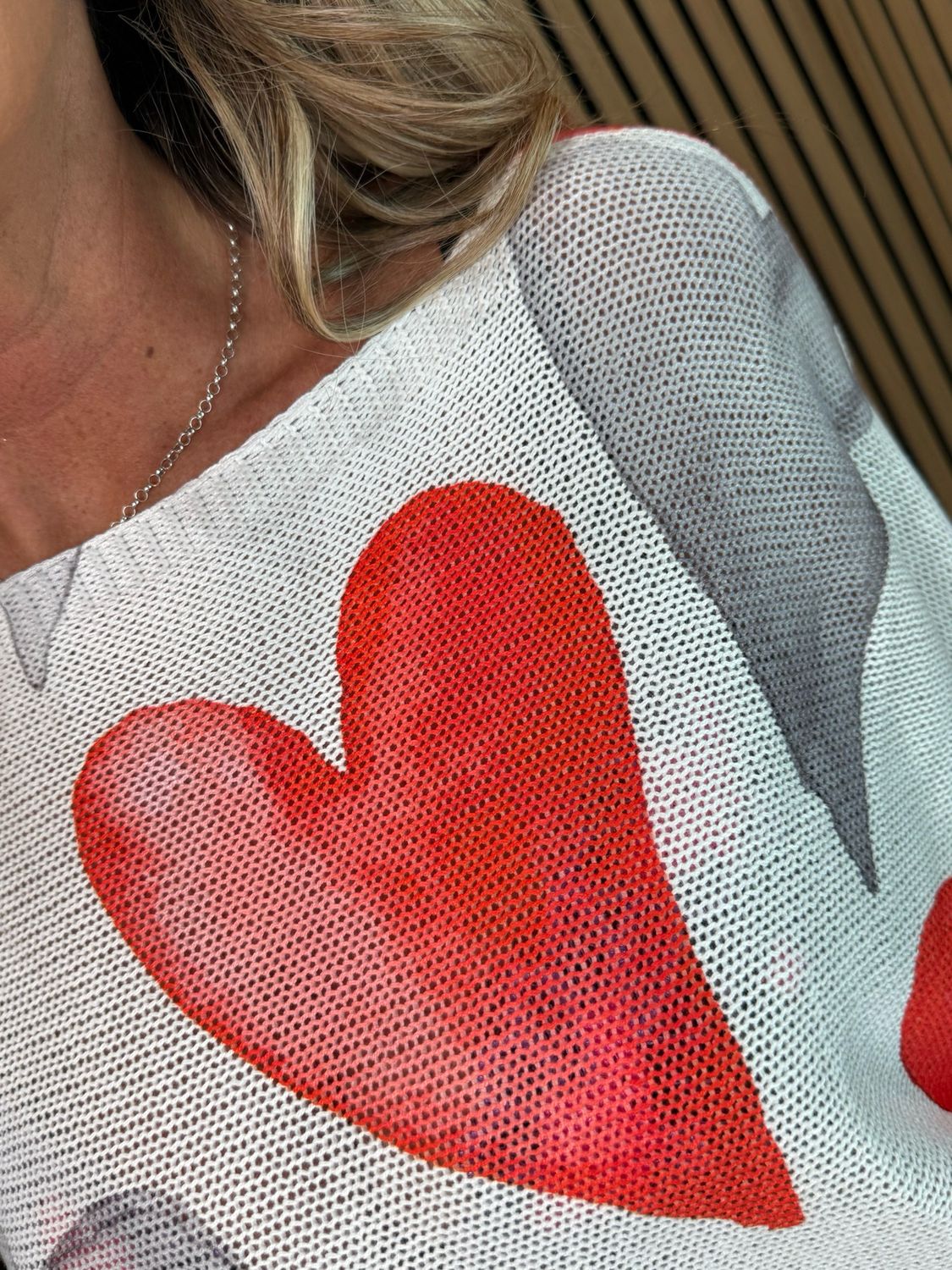 Heart Print Lightweight Knit Jumper - White/Grey/Red