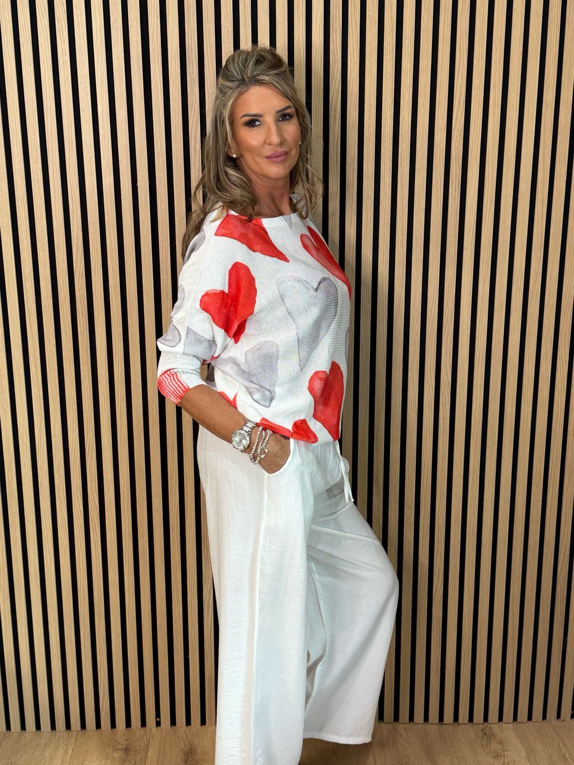 Heart Print Lightweight Knit Jumper - White/Grey/Red