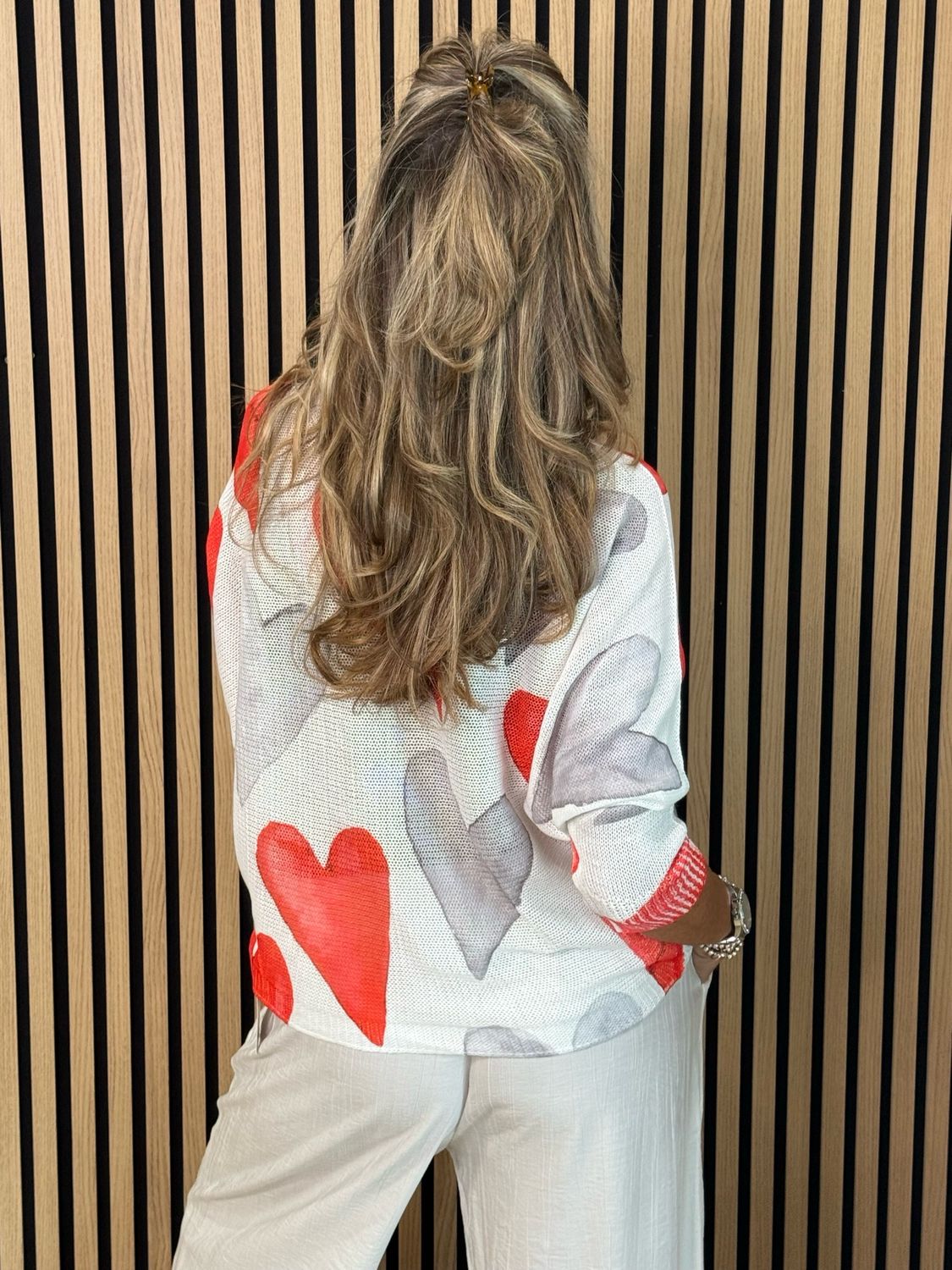 Heart Print Lightweight Knit Jumper - White/Grey/Red