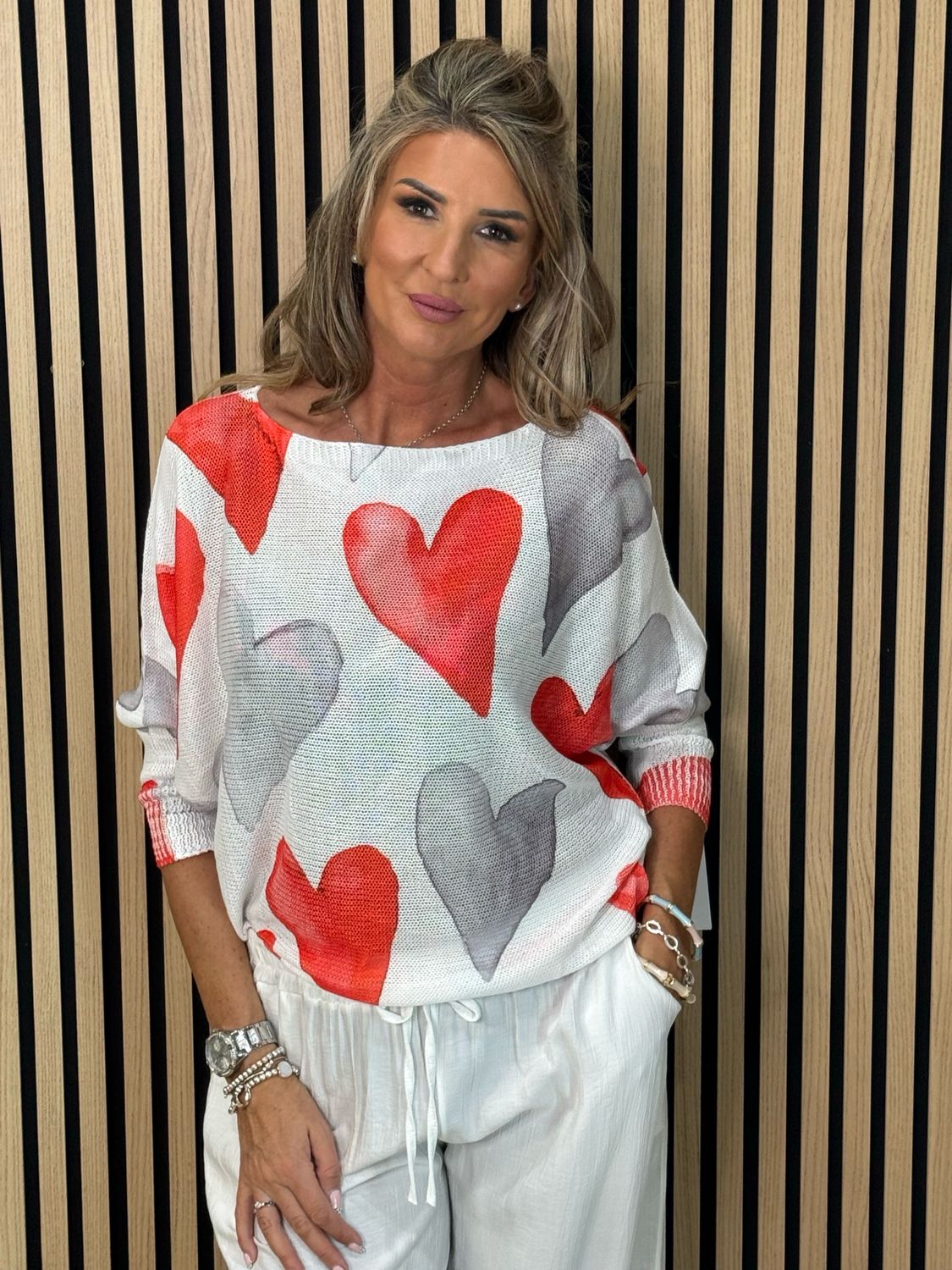 Heart Print Lightweight Knit Jumper - White/Grey/Red