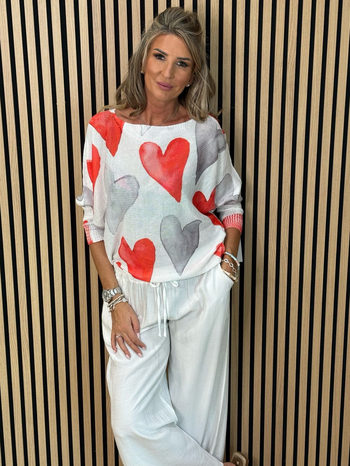 Heart Print Lightweight Knit Jumper - White/Grey/Red