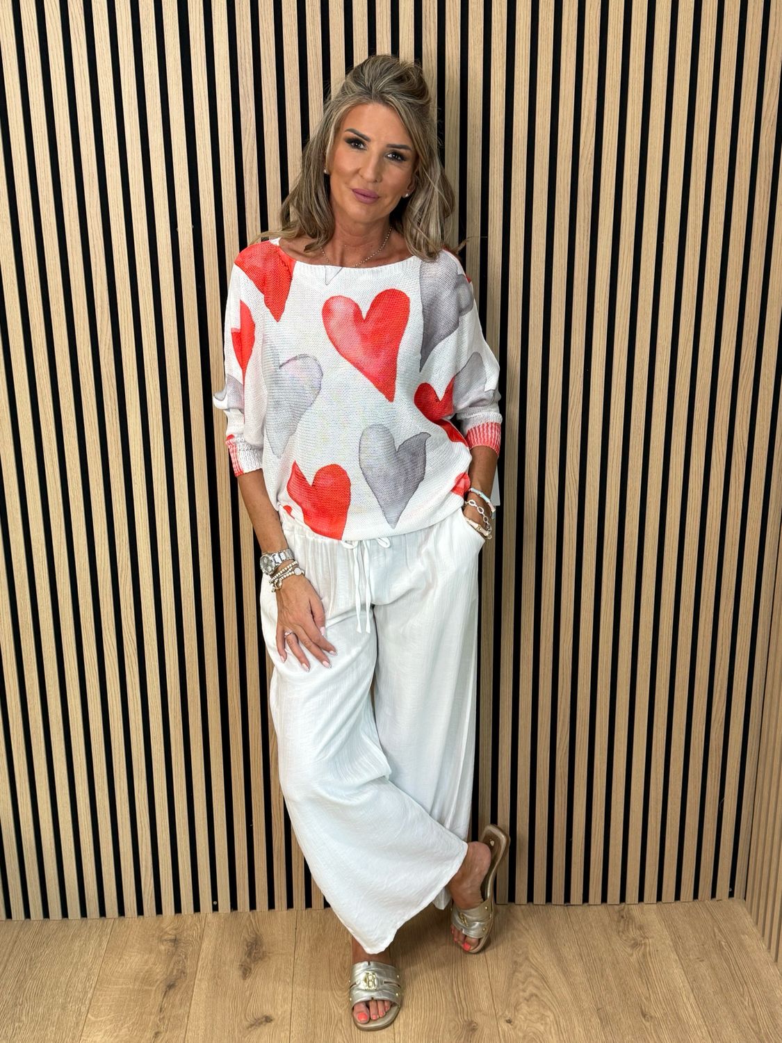 Heart Print Lightweight Knit Jumper - White/Grey/Red