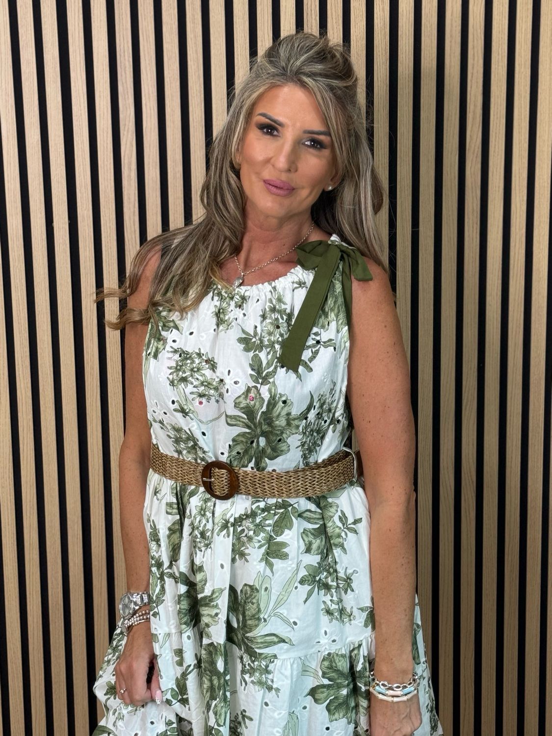 Floral Tie Shoulder Cotton Dress - White/Khaki