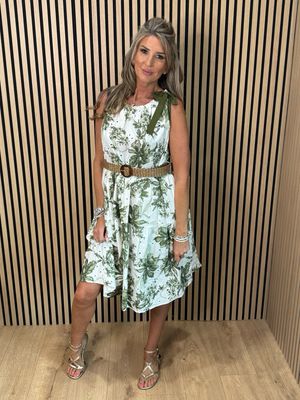 Floral Tie Shoulder Cotton Dress - White/Khaki