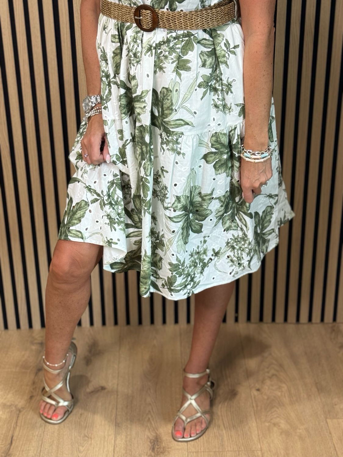 Floral Tie Shoulder Cotton Dress - White/Khaki