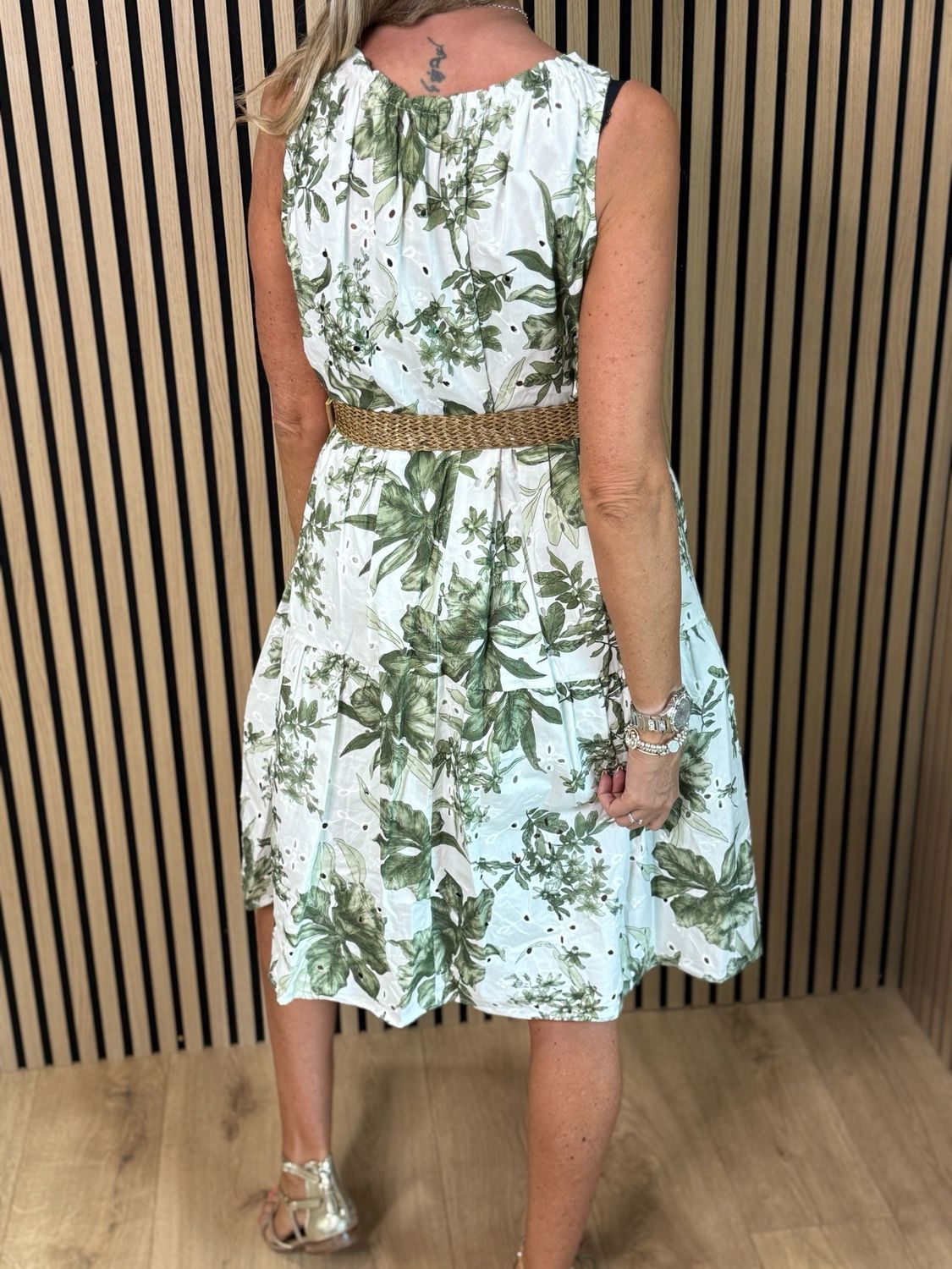 Floral Tie Shoulder Cotton Dress - White/Khaki