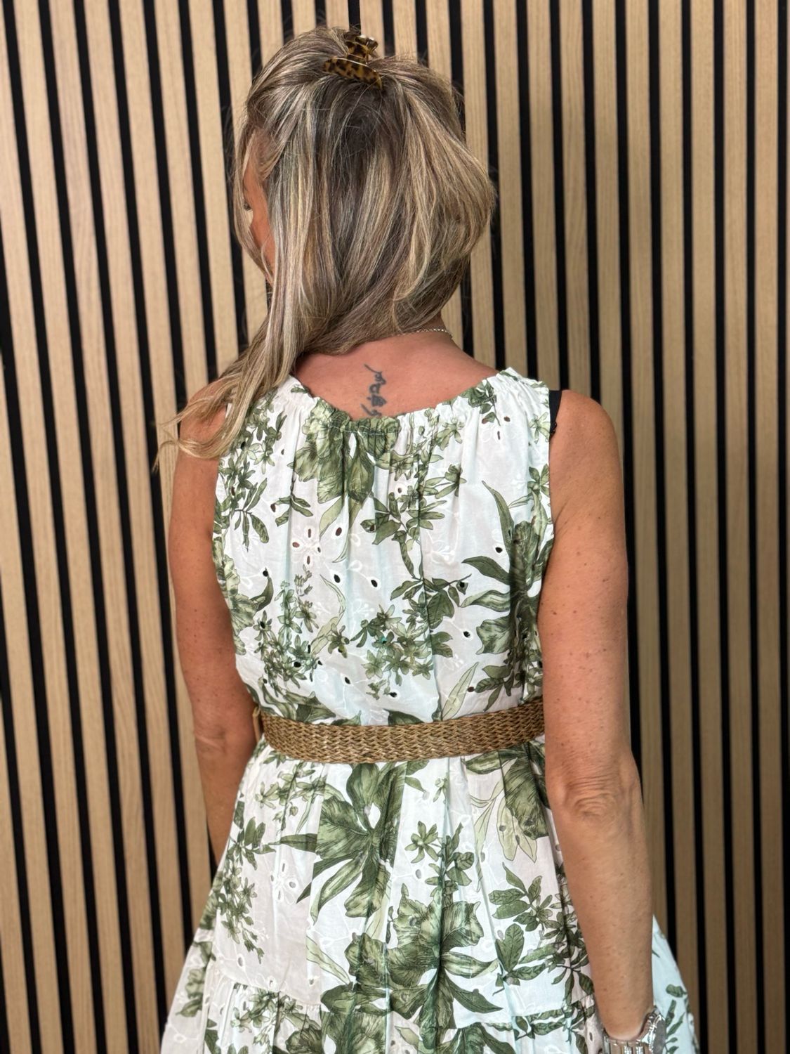 Floral Tie Shoulder Cotton Dress - White/Khaki
