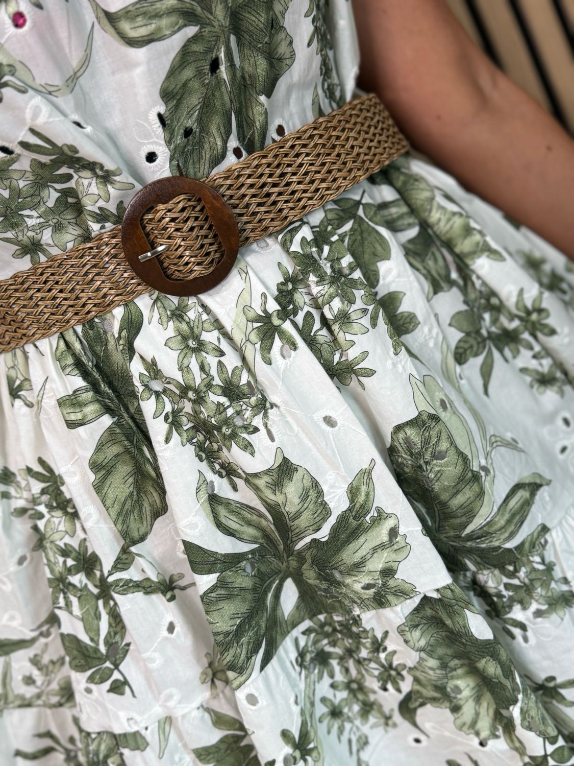 Floral Tie Shoulder Cotton Dress - White/Khaki