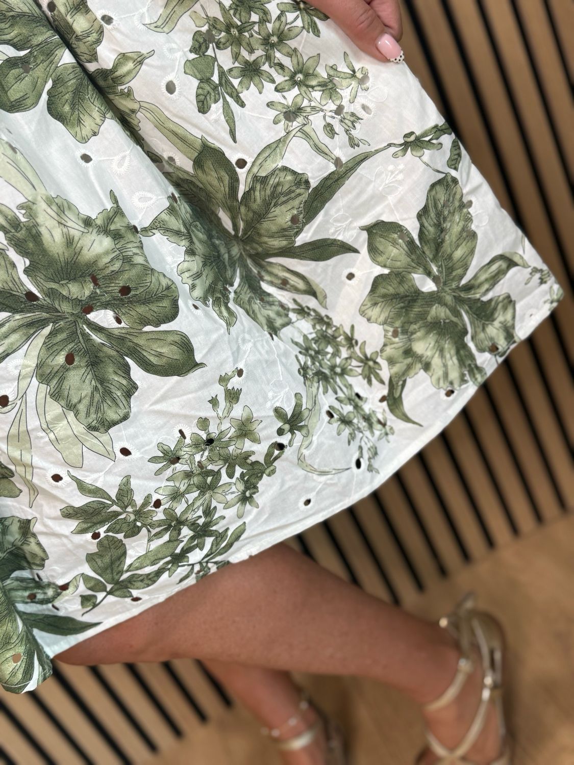Floral Tie Shoulder Cotton Dress - White/Khaki