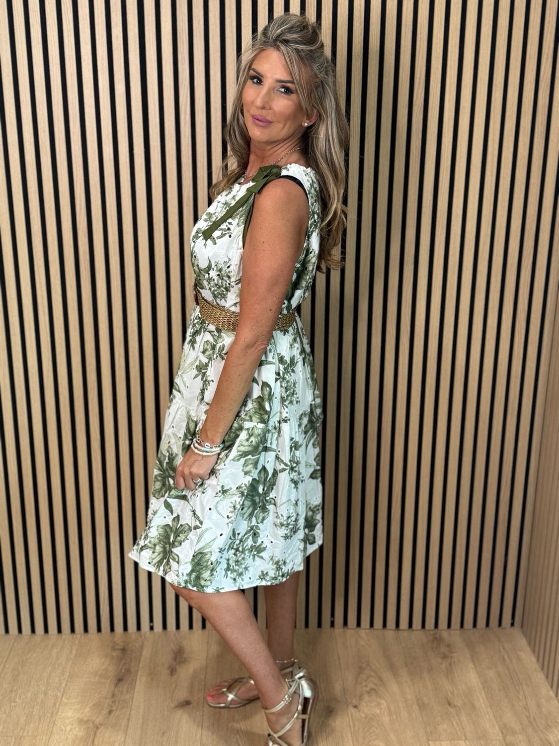 Floral Tie Shoulder Cotton Dress - White/Khaki