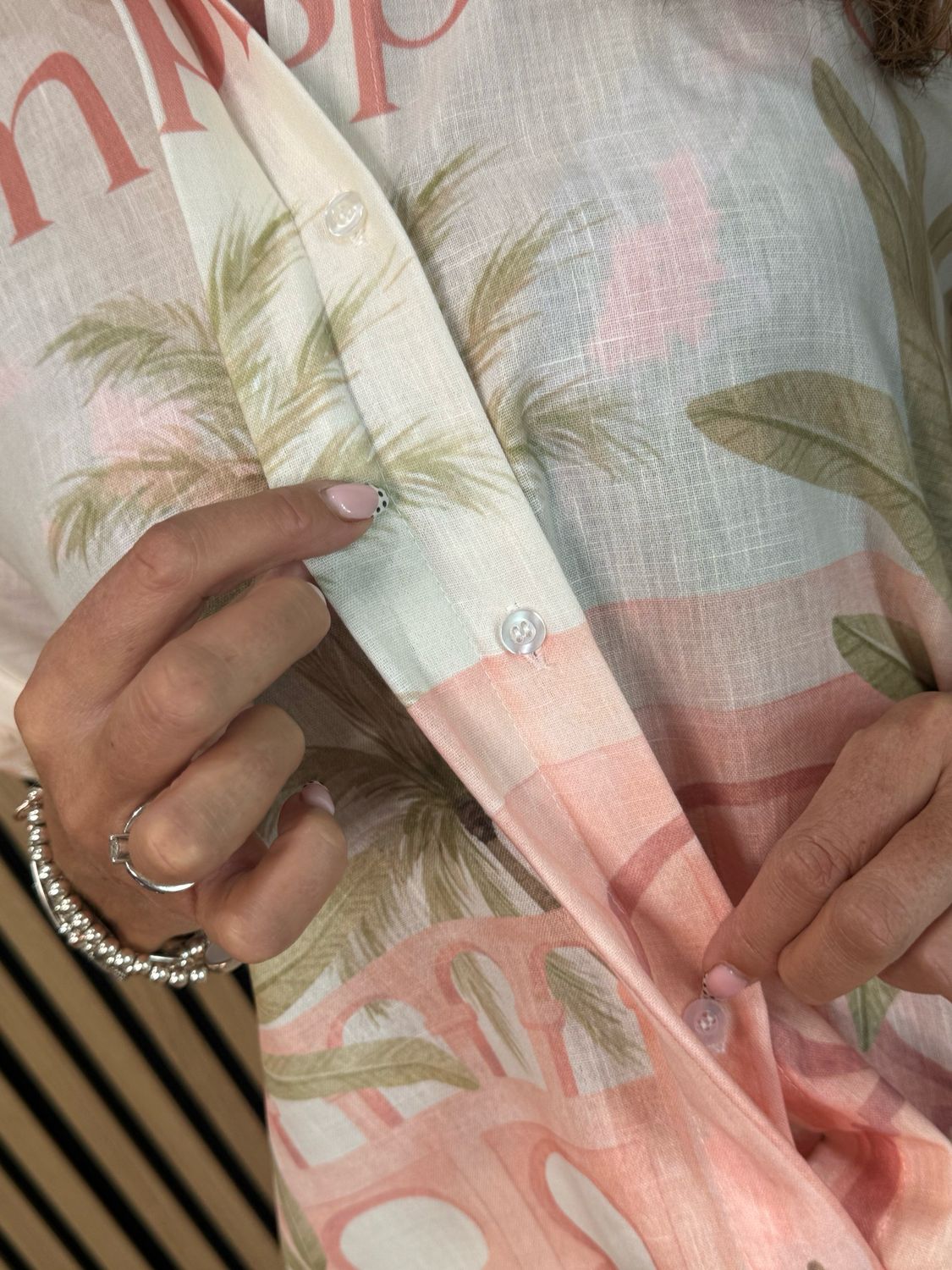Printed Oversized Linen Blend Shirt - Cream/Pink