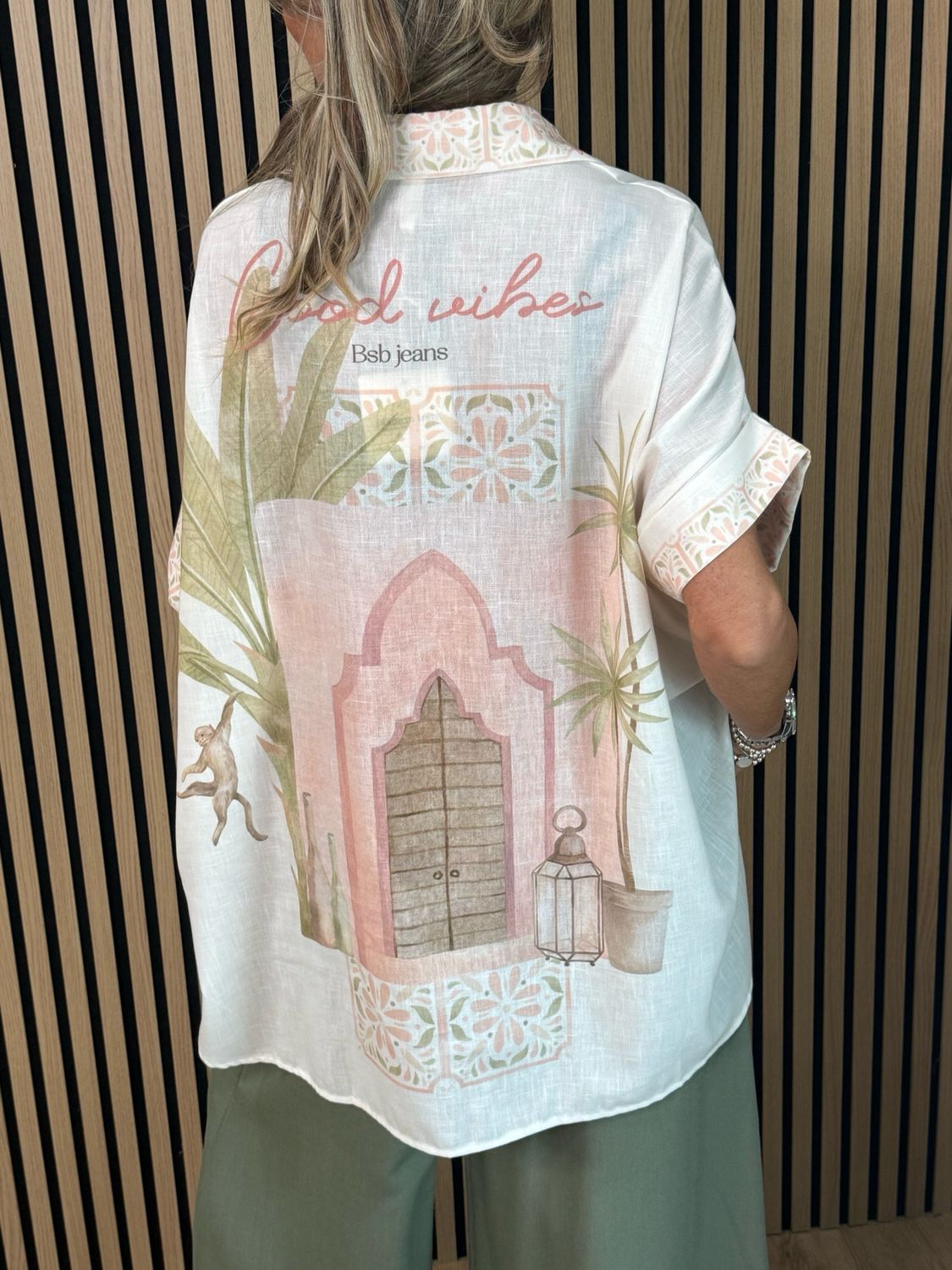 Printed Oversized Linen Blend Shirt - Cream/Pink