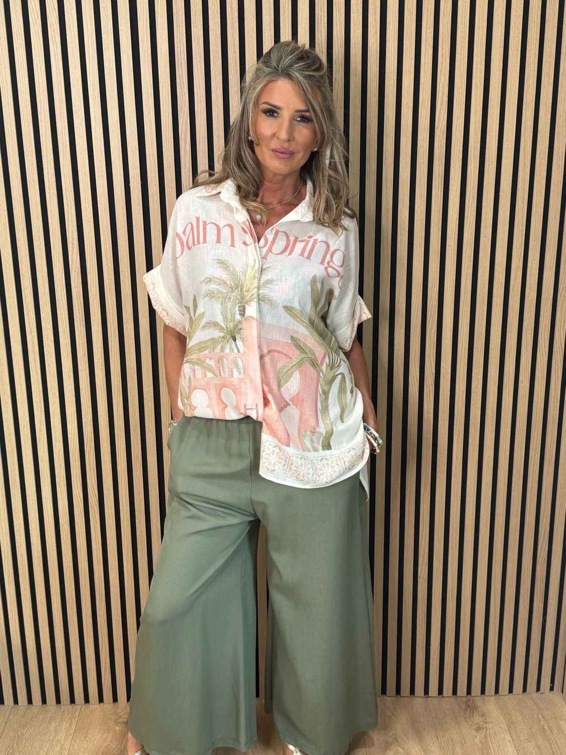Printed Oversized Linen Blend Shirt - Cream/Pink
